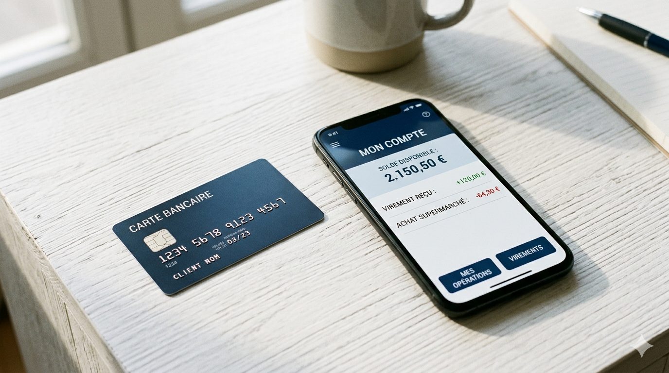 Carte bancaire et application mobile sur un bureau