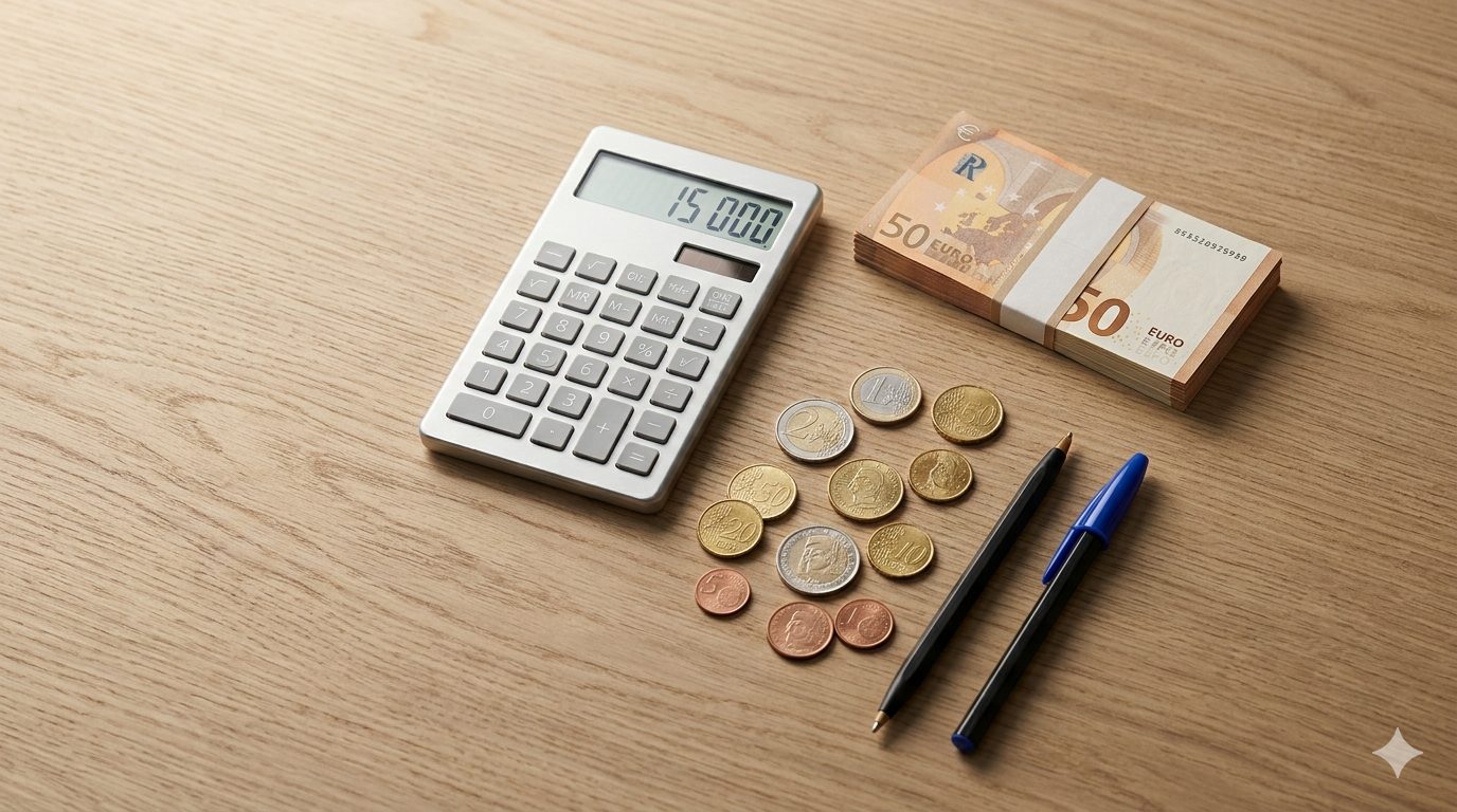 Calculatrice et billets sur un bureau